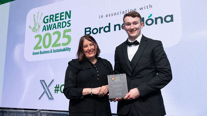 Orlaith Blaney, director of communications and corporate affairs, presents the sustainable water achievement award to Aaron Tuohy, ABP Food Group.