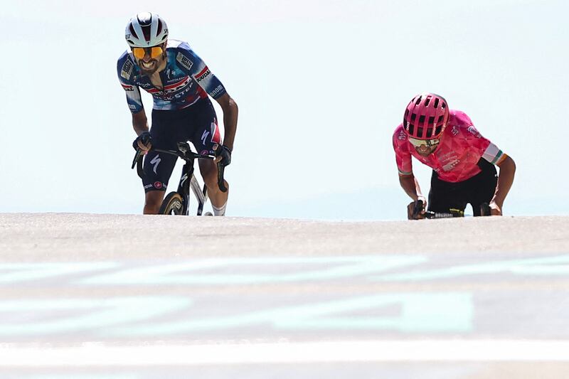 Ben Healy (right) is beaten to the line by Soudal Quick-Step's Valentin Paret-Peintre on Stage 16. Photograph: Anne-Christine Poujoulat/AFP via Getty Images    