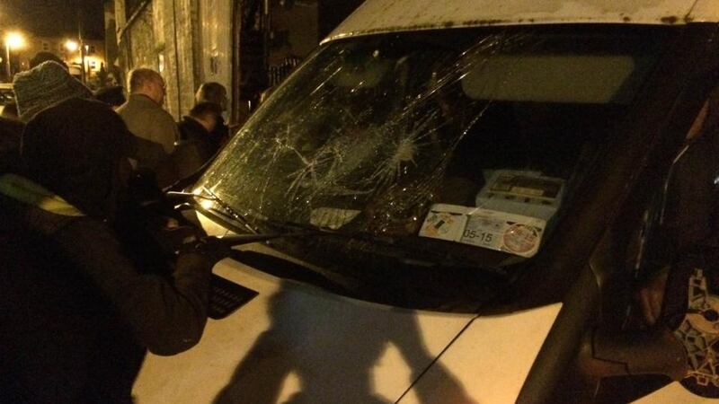 The broken window on a van during the stand-off on Grangegorman Road Lower. Photograph: Dan Griffin