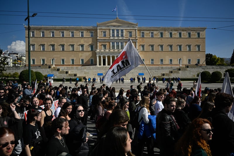 Protestors march in front of the Greek parliament during a demonstration of students and pupils in Athens on March 3rd following the train crash. Thousands of students staged sit-ins and demonstrated in Athens and other cities on to demand justice for the victims of the country's worst train tragedy. Photograph: Louisa Gouliamakai/AFP via Getty