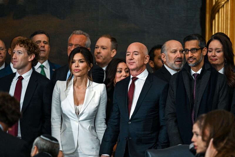 Meta chief executive Mark Zuckerberg (left), Lauren Sanchez, Amazon founder Jeff Bezos and Google chief executive Sundar Pichai at the inauguration of Donald Trump as US president on Monday. Photograph: Kenny Holston-Pool