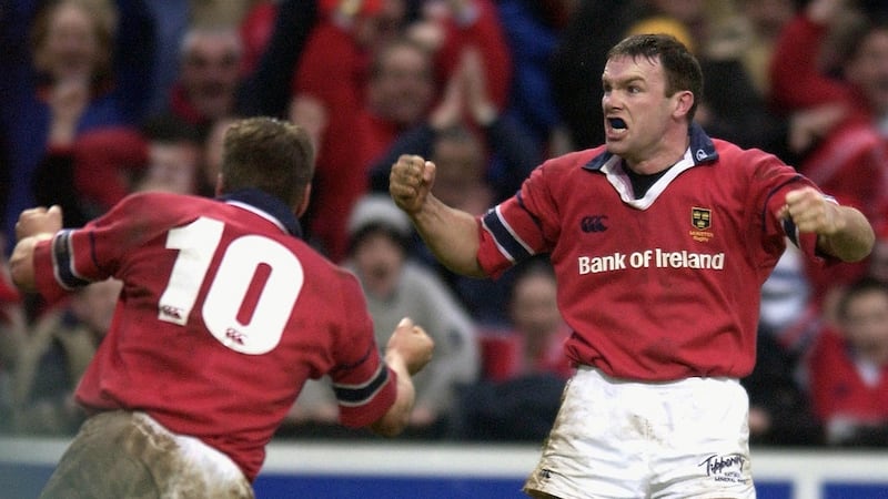 John Kelly celebrates his try for Munster during the “Miracle Match”, where the province needed to win by exactly four tries and 27 points against Gloucester, which they succeeded in doing so.   Photograph: Jamie McDonald/Getty Images