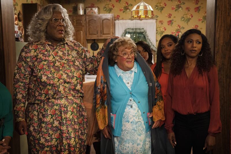 A Madea Homecoming: Tyler Perry as Madea, Brendan O'Carroll as Agnes Brown, Geneva Maccarone as Sylvia, Candace Maxwell as Ellie and Gabrielle Dennis as Laura. Photo: Steve Dietl/Tyler Perry Studios