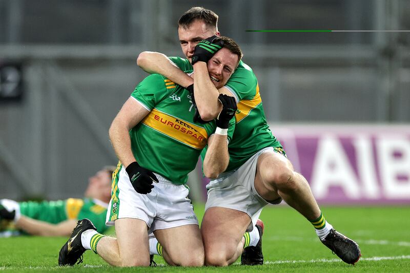 Glen's Cathal Mulholland celebrates after the game with Stevie O'Hara. Photograph: Laszlo Geczo/Inpho
