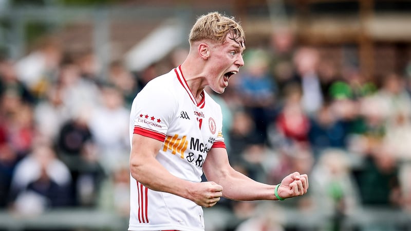 Tyrone's Peter Colton celebrates after scoring a goal for Tyrone against Kerry in Newbridge on Sunday. Photograph: Tom Maher/Inpho