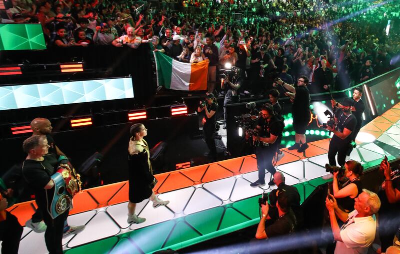 Katie Taylor makes her way to the ring before Friday's fight against Amanda Serrano at  Madison Square Garden. Photograph: Gary Carr/Inpho