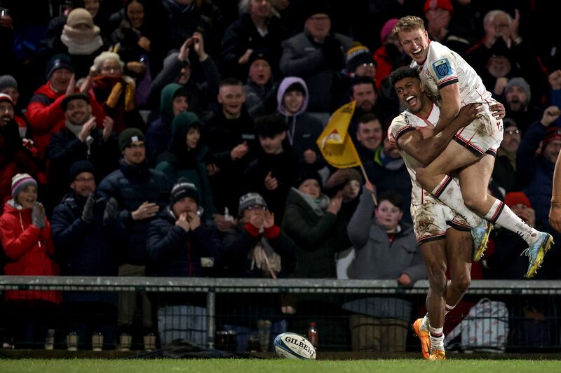 Rob Baloucoune celebrates his second half try. Photograph: Ben Brady/Inpho