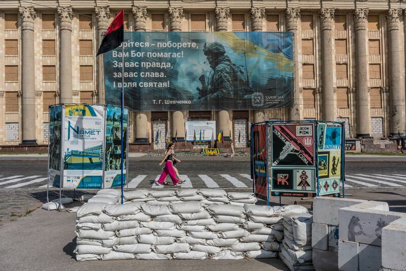 The regional administration building, struck by a Russian missile in the early days of the full-scale invasion, stands in Kharkiv, Ukraine. Photograph: Brendan Hoffman/The New York Times