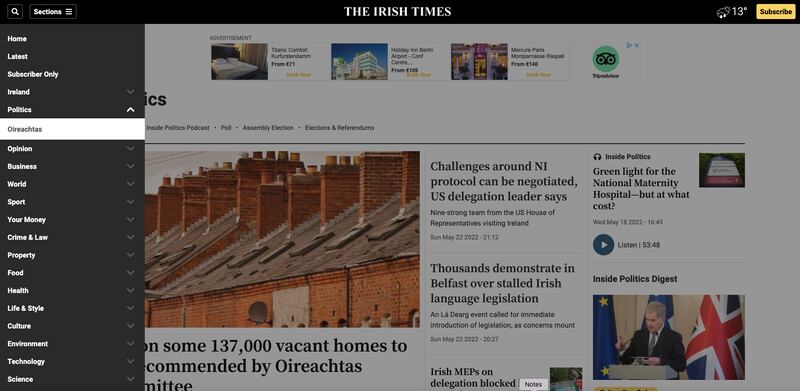 Use the push-out navigation to find a section on the website or app