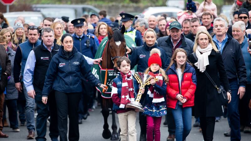 Grand National winning horse Tiger Roll pictured in Summerhill,  Co Meath after winning in Aintree. Zack O’Leary aged 8 and Tianna O’Leary aged 9 hold the winning Grand National trophy. Photograph: Tom Honan