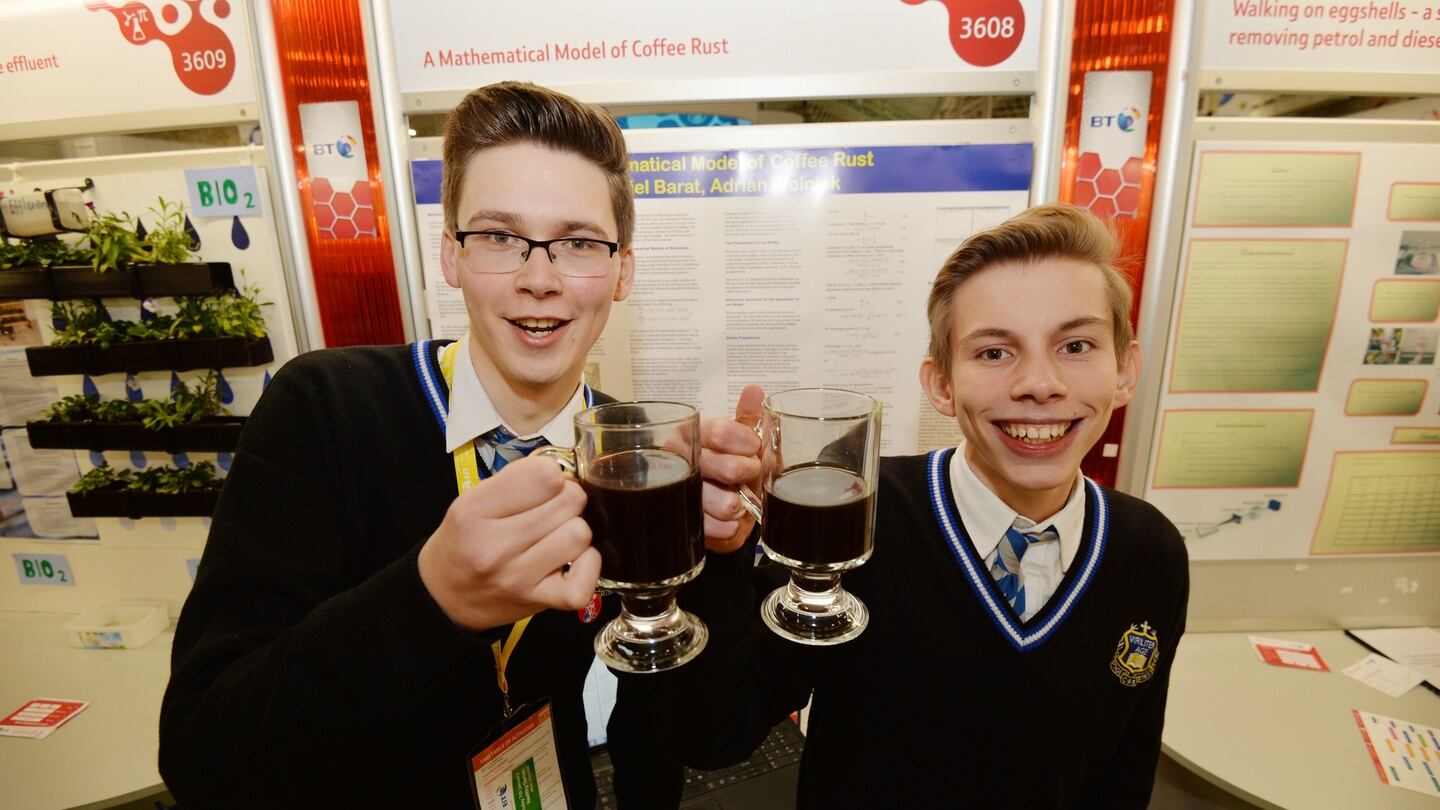 Runner-up group Gabriel Barat and Adrian Wolniak from Synge Street CBS with their project on a mathematical model of coffee rust disease at the 52nd BT Young Scientist & Technology Exhibition at the RDS.Photograph: Alan Betson/The Irish Times