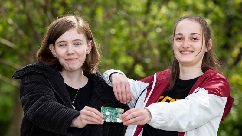 Fifth year students at Mount Temple School, Clontarf, Kitty Joyce, from Glasnevin right and Niamh Staines from Clarehall  pictured this afternoon after a project for which the wrote the computer code on a Rasberry Pi computer was blasted into space. Photograph: Colin Keegan, Collins Dublin
