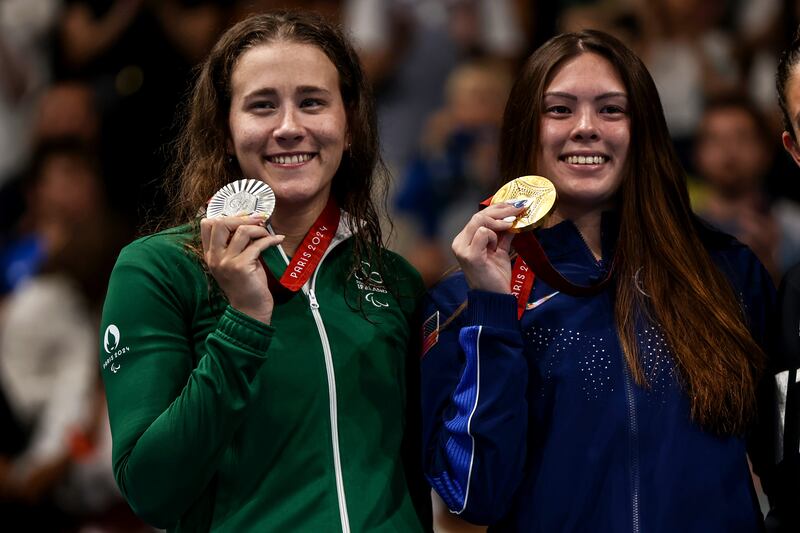Ireland’s Róisín Ní Riain with her silver medal alongside USA's Gia Pergolini who won gold. Photograph: Tom Maher/Inpho