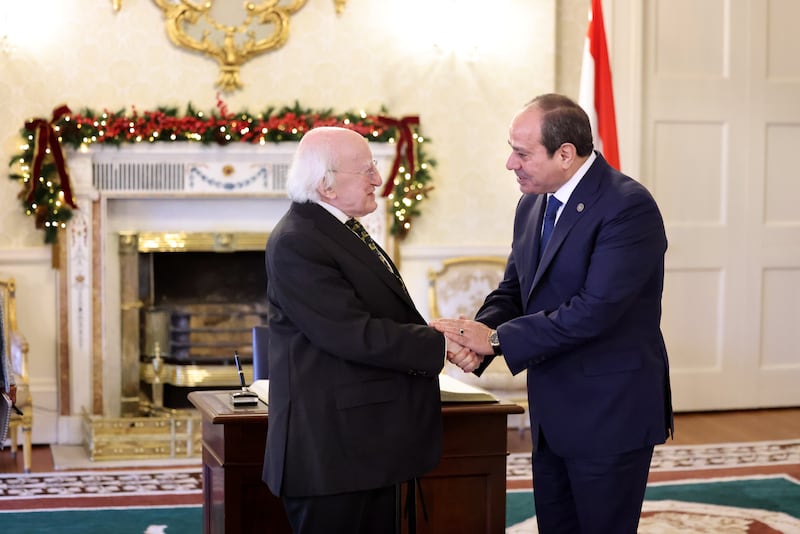 President Michael D. Higgins receiving President of Egypt, Abdel Fattah el-Sisi, on a courtesy call at Áras an Uachtaráin last December.
Photograph: Dara Mac Dónaill 









