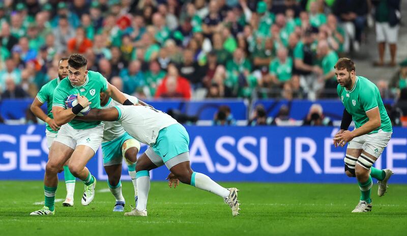 Dan Sheehan in action after his introduction against South Africa. Photograph: James Crombie/Inpho