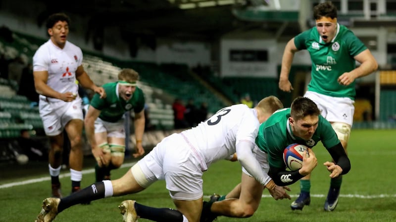 Hayden Hyde scores Ireland’s second try during the Under-20 Six Nations Championship match against England at  Franklin’s Gardens. Photograph: James Crombie/Inpho