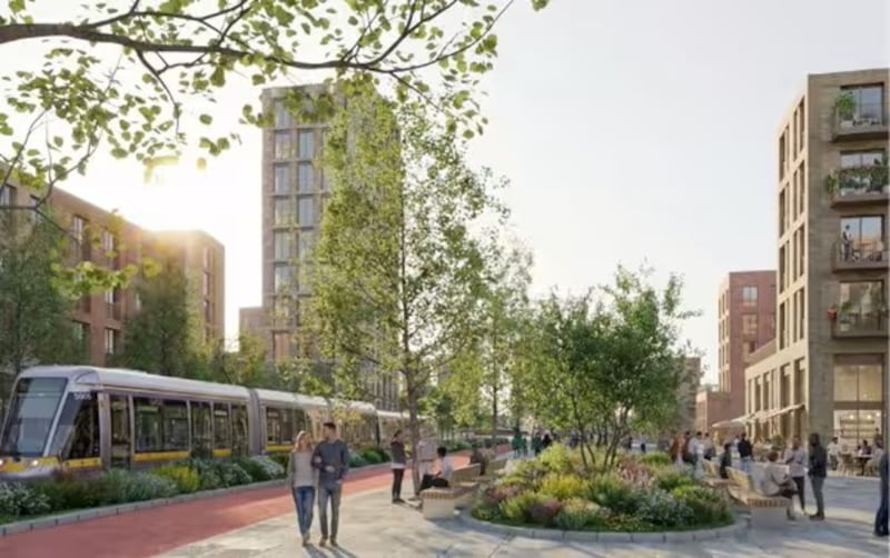 A computer-generated image of the Luas running through the proposed Dunsink development. Photograph: Fingal County Council
