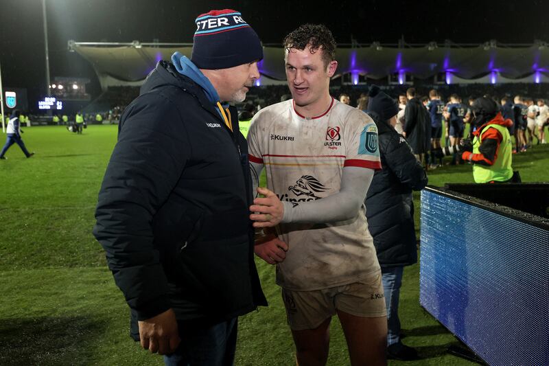 Ulster's outhalf Billy Burns celebrates with head coach Dan McFarland following the narrow win over Leinster at the RDS. Photograph: Laszlo Geczo/Inpho 
