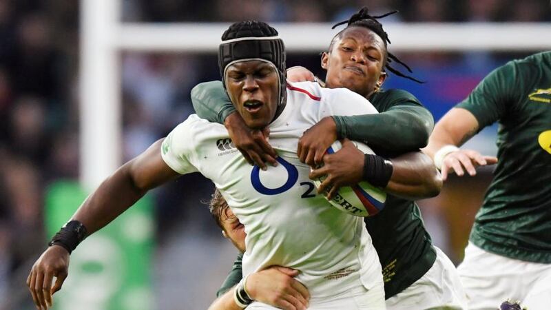 England’s Maro Itoje is taken down by  South Africa’s Sibusiso Nkosi. Photograph: Toby Melville/Reuters