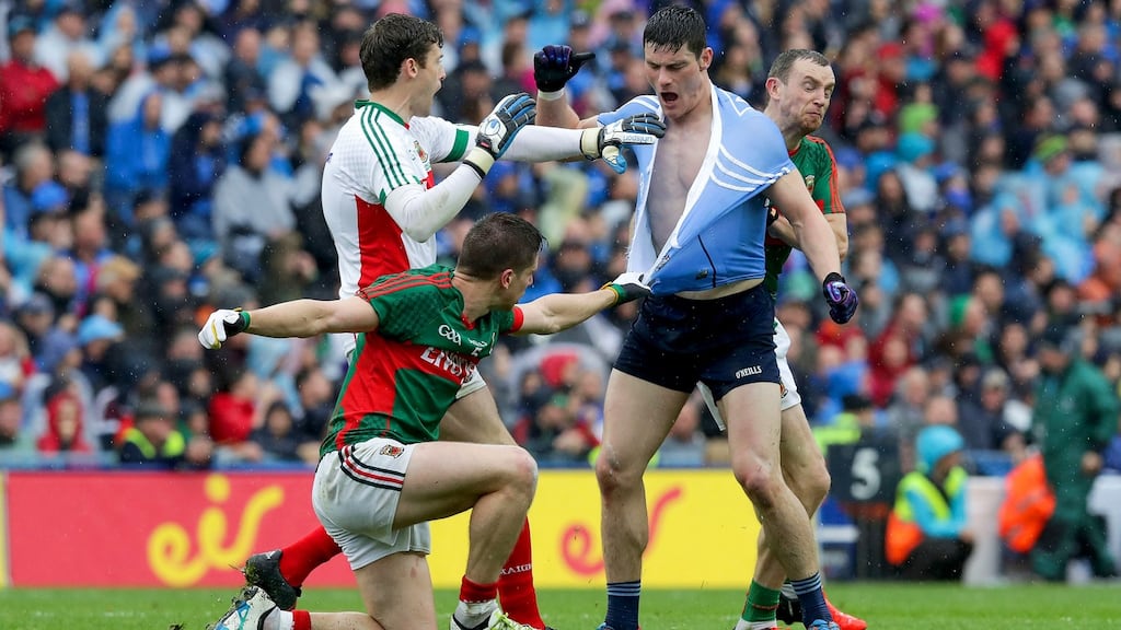 Mayo’s Lee Keegan and Dublin’s Diarmuid Connolly get shirty and shouty with each other in the drawn All-Ireland final in 2016. Photograph: Inpho