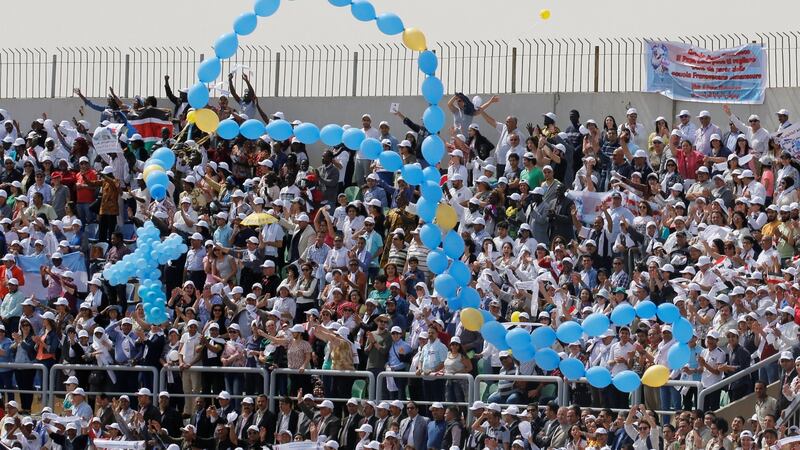 Balloons in the shape of a cross fly at a Mass led by Pope Francie in Cairo, Egypt. Photograph: Amr Abdallah Dalsh/Reuters