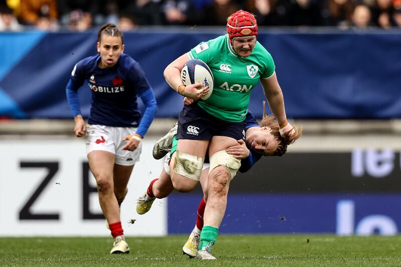 Ireland's Aoife Wafer is tackled by Pauline Bourdon Sansus of France during this year's Six Nations. Photograph: Ben Brady/Inpho