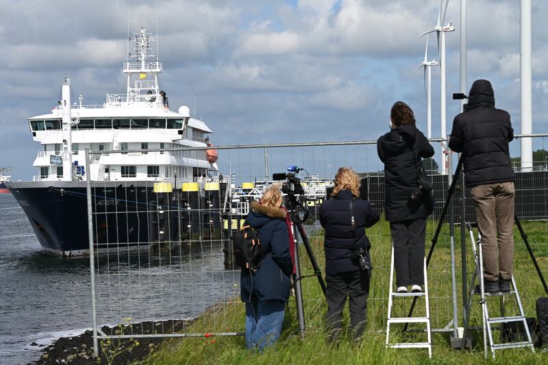 The MV Hondius arrives at the port of Rotterdam. Photograph: Nicolas Tucat/AFP via Getty