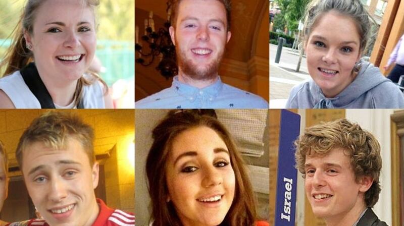 The students who were killed when the balcony collapsed at the Library Gardens Apartments, in Berkeley, California (Top left to right) Ashley Donohoe, Eoghan Culligan, Olivia Burke, (Bottom left to right) Nick Schuster, Eimear Walsh, and Lorcan Miller.
