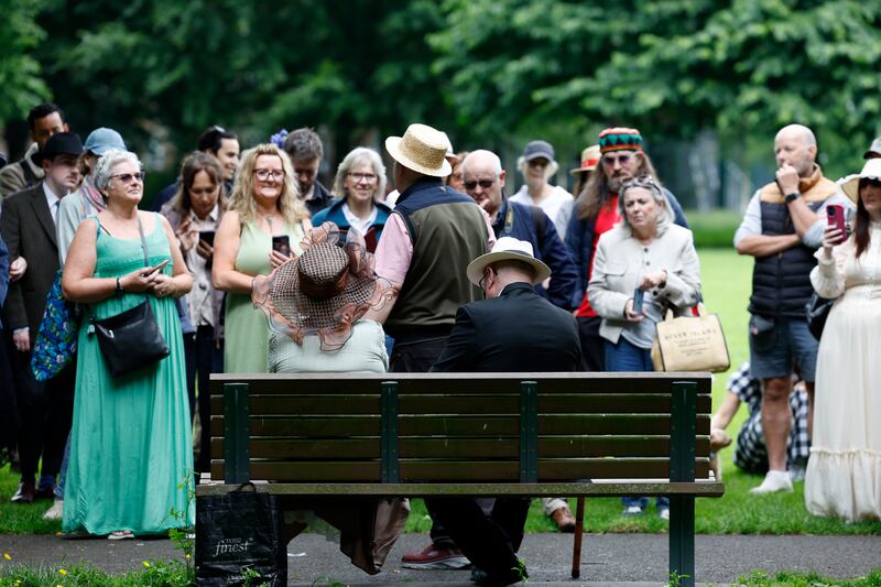 Local actors recreate a scene from the lives of James Joyce and Nora Barnacle in Ringsend Park on Tuesday. Photograph: Nick Bradshaw/The Irish Times