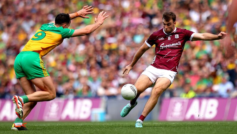 Galway’s Paul Conroy scores the first goal of the game. Photograph: Ryan Byrne/Inpho