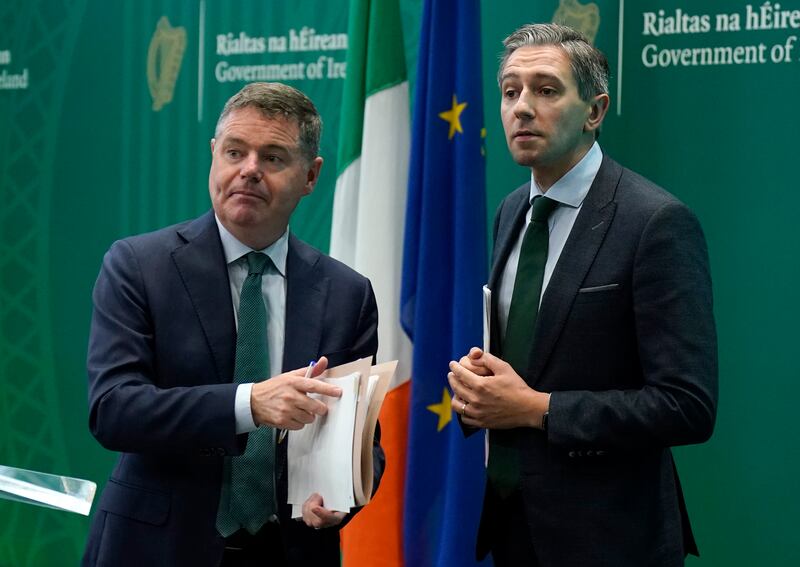 Minister for Public Expenditure Paschal Donohoe and Minister for Higher Education Simon Harris at the launch of a Public Service Apprenticeship Plan. Photograph: Niall Carson/PA Wire