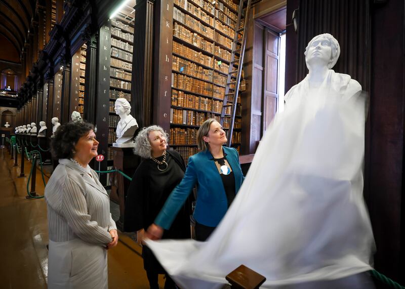 The statue of Mary Wollstonecraft is unveiled in Trinity College's long room alongside other new busts in 2023. Photograph: Chris Bellew/Fennell Photography
