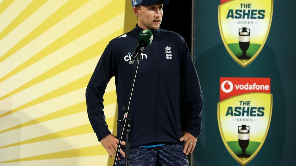 HOBART, AUSTRALIA - JANUARY 16: Joe Root of England is interviewed after losing the Fifth Test in the Ashes series between Australia and England at Blundstone Arena on January 16, 2022 in Hobart, Australia. (Photo by Robert Cianflone/Getty Images)
