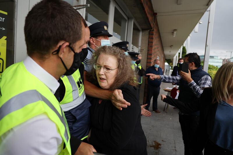 Dolores Cahill, Independent candidate in a Dublin Bay South byelection, is refused entry to the count at the RDS Simmonscourt in 2022 for refusing to wear a face mask as per Covid guidelines. Photograph: Nick Bradshaw