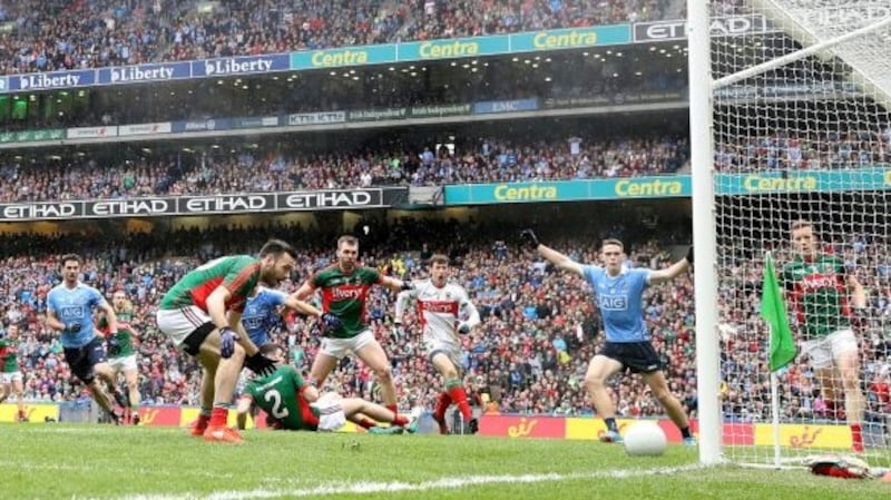 Kevin McLoughlin of Mayo scores an own goal during the 2016 All-Ireland Senior Football Championship final between Mayo and Dublin at Croke Park. Photo: Cathal Noonan/Inpho