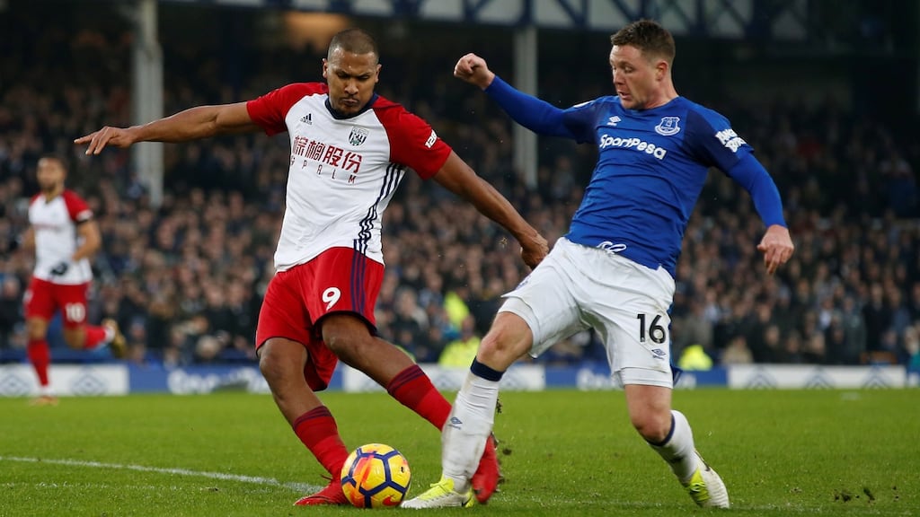 Everton’s James McCarthy tackles West Bromwich Albion’s Salomon Rondon, resulting in a suspected broken leg. Photo: Andrew Yates/Reuters