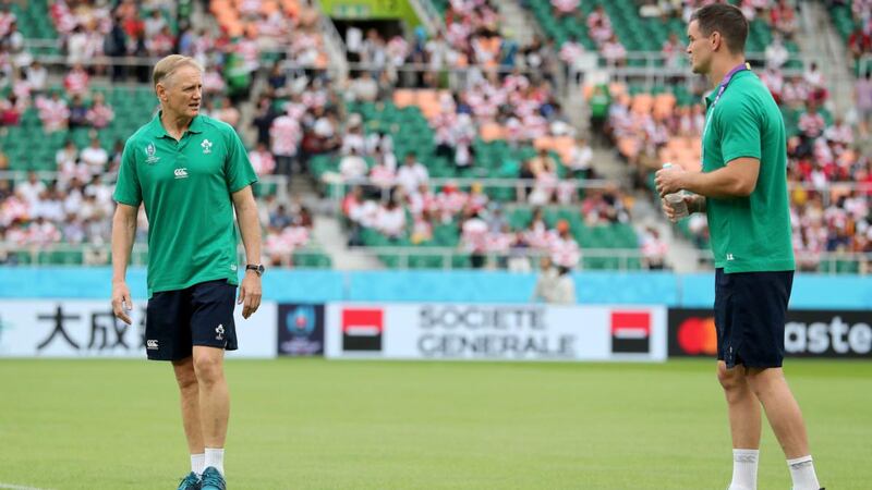 Joe Schmidt and Johnny Sexton ahead of Ireland’s defeat to Japan. Photograph: Dan Sheridan/Inpho
