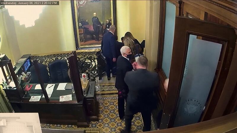 A still image from a video of US vice-president Mike Pence being evacuated from the Capitol building on January 6th. Photograph: Senate Television via AP