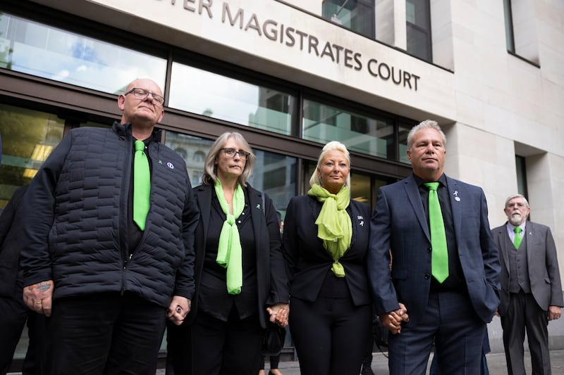 The family of Harry Dunn, including his father Tim Dunn (L) and mother Charlotte Charles (2R) leave The City of Westminster Magistrates Court on Thursday. Photograph: Dan Kitwood/Getty Images