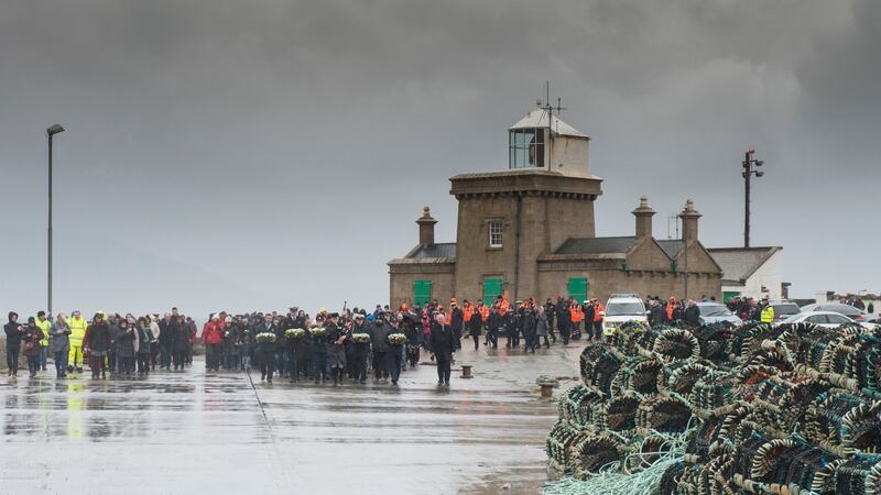A memorial service and wreath laying ceremony to mark the first anniversary of the Coast Guard Rescue Helicopter 116 crash at Blacksod Lighthouse and Pier, Belmullet, Co Mayo. Photograph: Michael McLaughlin