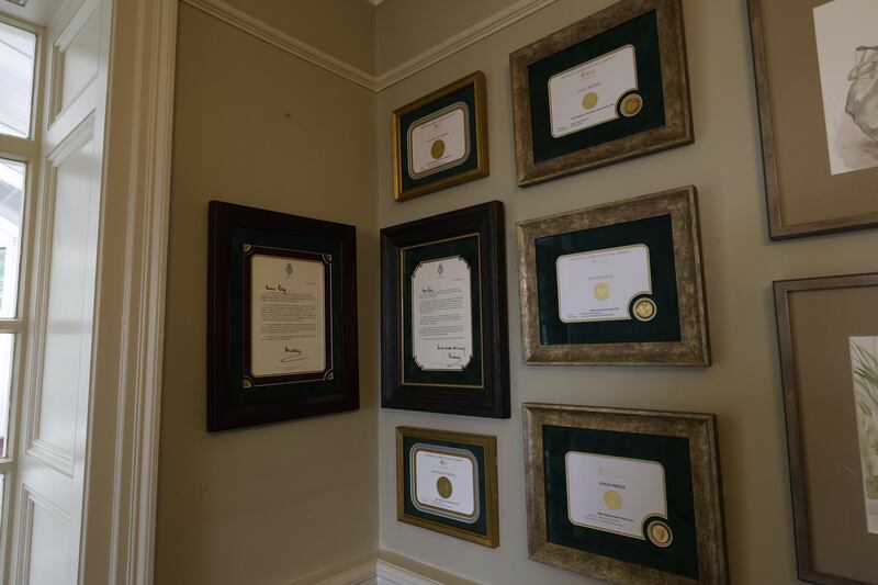 The wall in the dining room where Alexander's awards have been hung with pride.