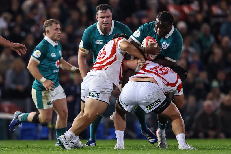 Sam Illo is tackled by Japan's Hayate Era and Keijiro Tamefusa. Photograph: Ben Brady/Inpho