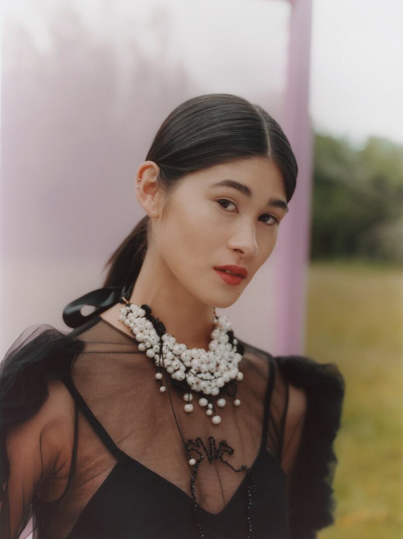 Caoimhe Murphy black tulle dress (€695), Melissa Curry statement pearl necklace (€695), modelled by Amy Jackson. Photograph: Philip White