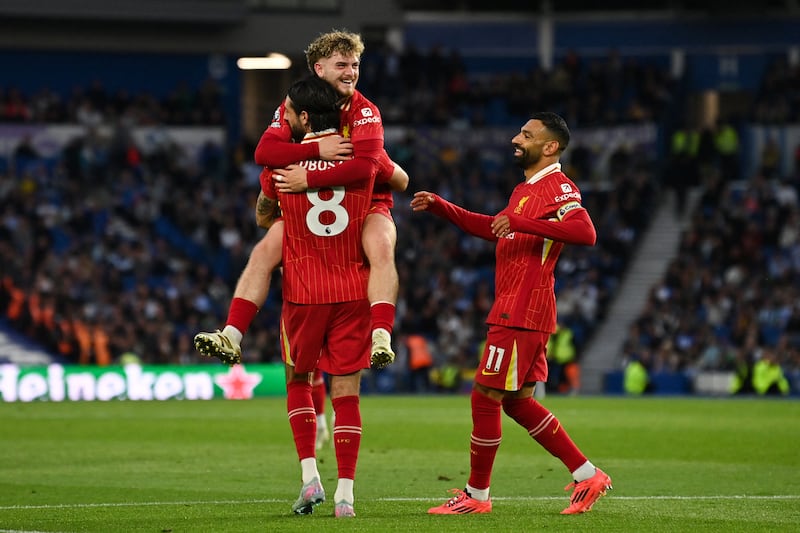 Liverpool's Dominik Szoboszlai celebrates with Harvey Elliott after scoring his side's second goal. Photograph: Glyn KIRK/AFP via Getty Images