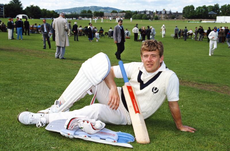 Dual  Scotland international player Andy Goram pictured while waiting to bat during a NatWest Trophy match between Scotland and Sussex at Myreside in Edinburgh in June 1991. Photograph: Shaun Botterill/Allsport/Getty Images