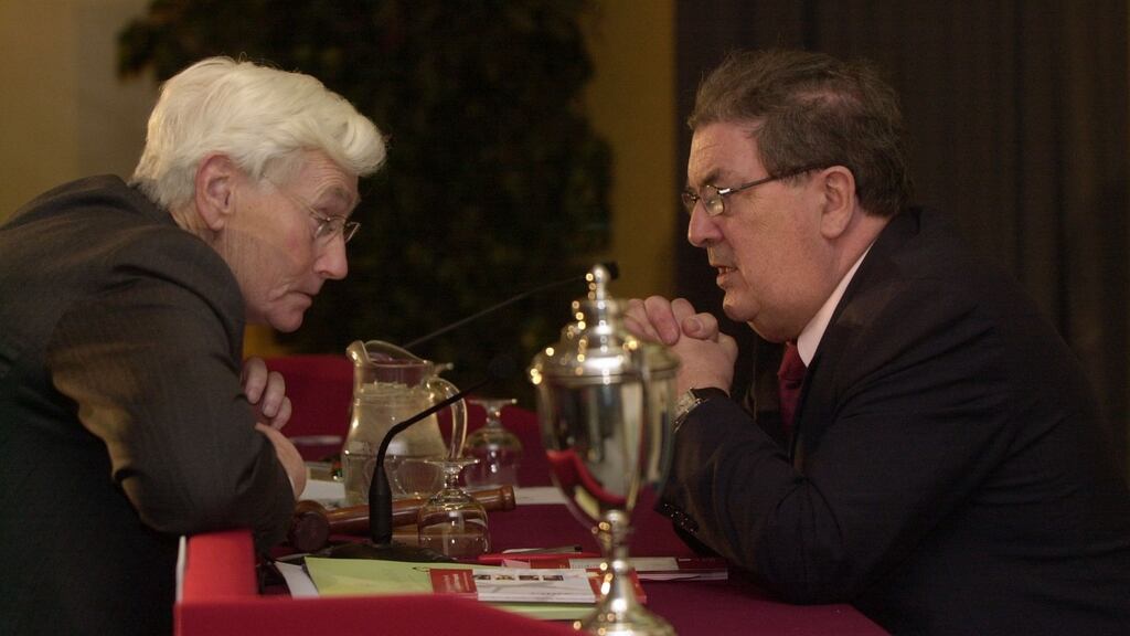 Seamus Mallon and  John Hume at the SDLP 33rd annual conference at the Wellington Park Hotel, Belfast in 2004. Photograph: Dara Mac Dónaill