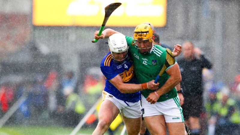 Tipperary’s Seán O’Brien tackles Limerick’s Tom Morrissey during the Munster SHC round-robin game at Semple Stadium. Photograph: Ken Sutton/Inpho