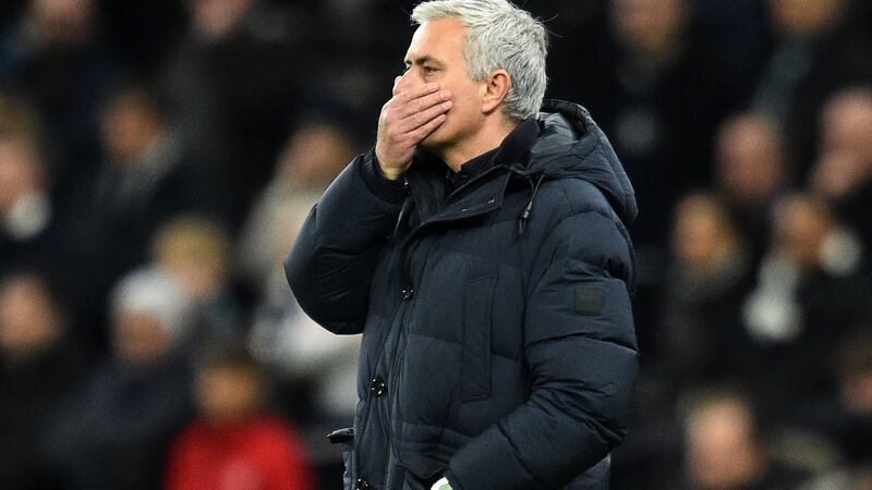 Tottenham Hotspur manager Jose Mourinho watches his team lose to Chelsea. Photograph: Getty Images