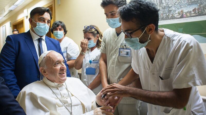 Pope Francis  at the Gemelli hospital. Photograph: Vatican Media/AFP via Getty Images