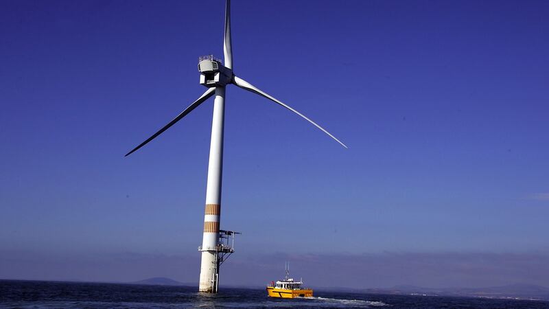 An Airtricity maintenance vessel approaches a turbine on the company’s Arklow Bank windfarm. Photograph: David O’Brien.